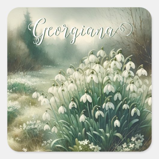 Aangepaste Naam Waterverf Bloemen Sneeuwklokjes Vierkante Sticker (Voorkant)