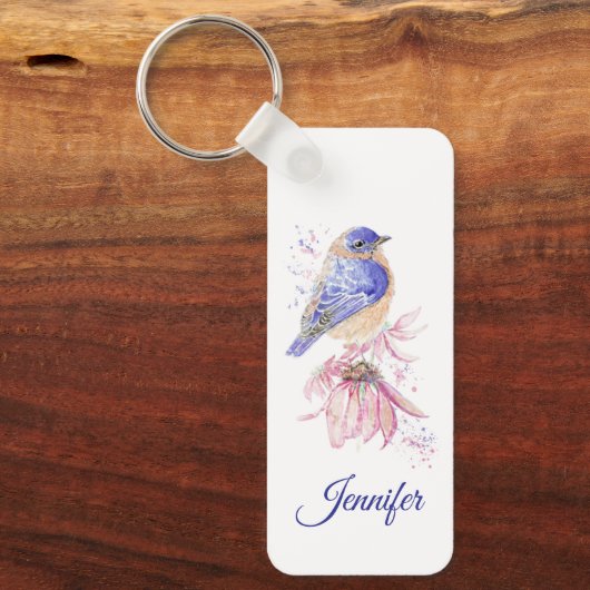 Aangepaste Naam Waterverf Bluebird Garden Bird Art Sleutelhanger (Voorkant)