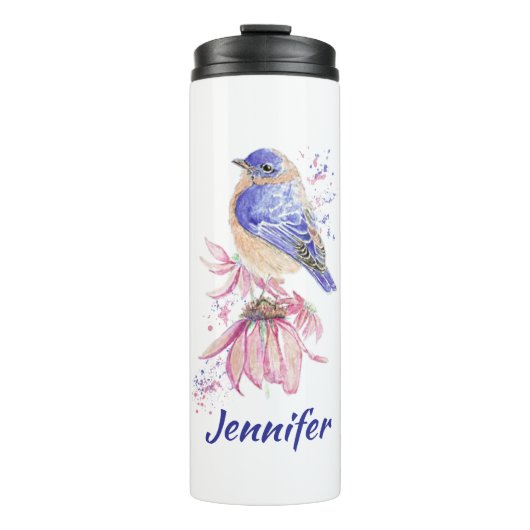 Aangepaste Naam Waterverf Bluebird Garden Bird Art Thermosbeker (Voorkant)