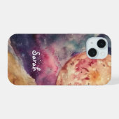 Aangepaste naam Waterverf Cosmic Galaxy & Moon iPhone 15 Case (Achterkant horizontaal)