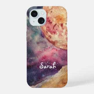 Aangepaste naam Waterverf Cosmic Galaxy & Moon iPhone 15 Case