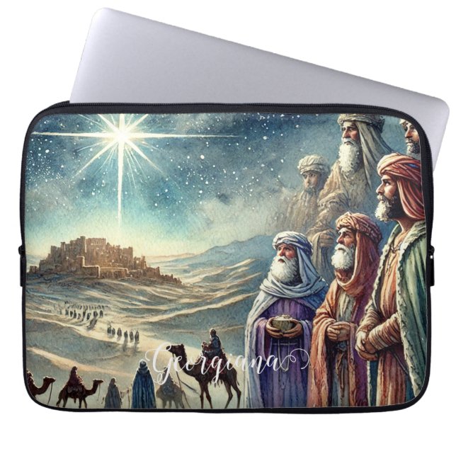 Aangepaste naam  Waterverf Drie wijze Mannen Laptop Sleeve (Voorkant)