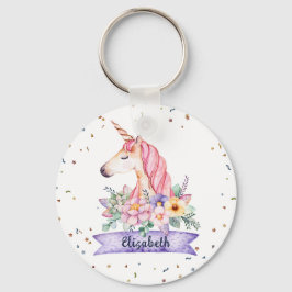Aangepaste naam Waterverf Flower Unicorn Meisje Sleutelhanger