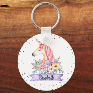 Aangepaste naam Waterverf Flower Unicorn Meisje Sleutelhanger