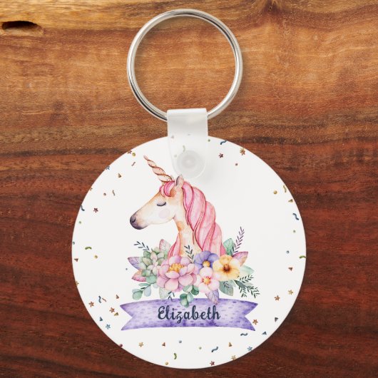 Aangepaste naam Waterverf Flower Unicorn Meisje Sleutelhanger (Voorkant)