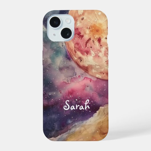 Aangepaste naam waterverf kosmisch sterrenstelsel iPhone 15 case (Achterkant)