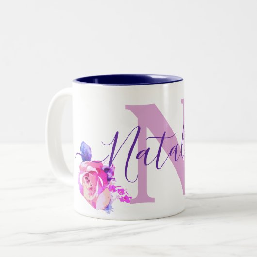 Aangepaste naam Waterverf Paarse Rozen Floral Nata Tweekleurige Koffiemok (Voorkant links)