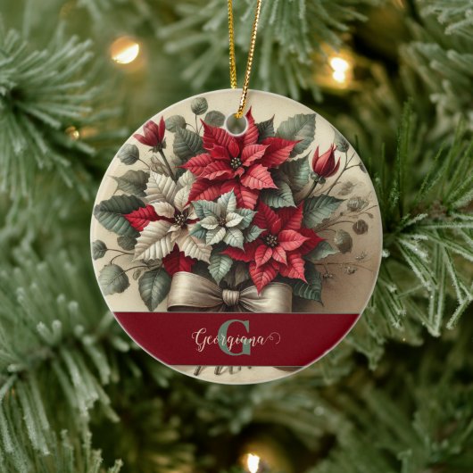 Aangepaste Naam  Waterverf Poinsettia Boeket Keramisch Ornament (Boom)