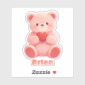 Aangepaste naam waterverf roze teddybeer hart sticker (Vel)