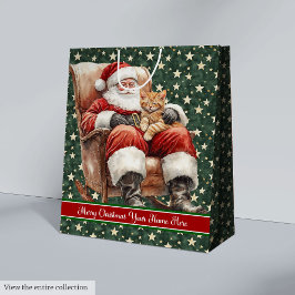 Aangepaste Naam Waterverf Santa Claus Gift Bag Medium Cadeauzakje