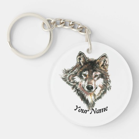 Aangepaste naam Waterverf Wolf Animal Art Sleutelhanger (Voorkant)