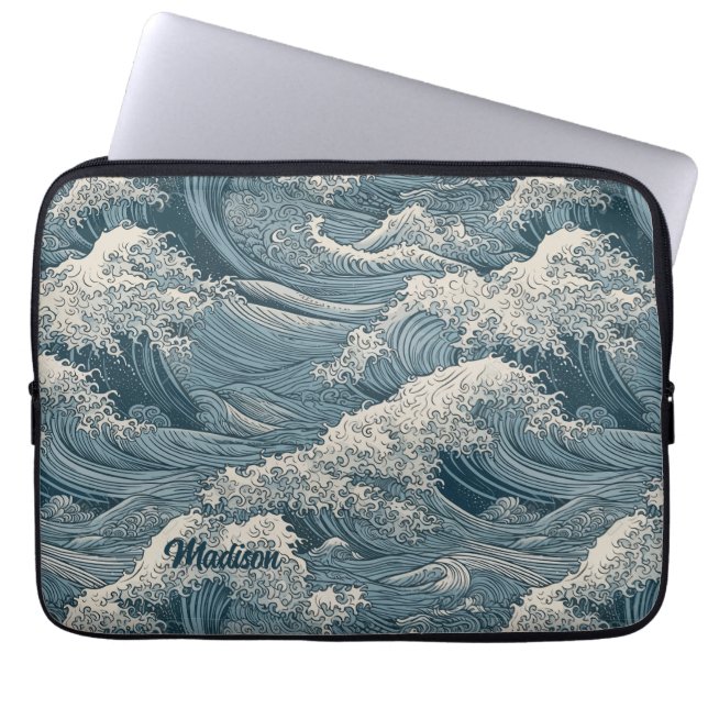 Aangepaste naam Waves Patroon Laptop Sleeve (Voorkant)