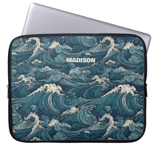 Aangepaste naam Waves Patroon Laptop Sleeve (Voorkant)