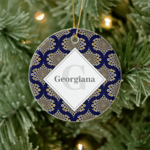 Aangepaste naam We kijken naar u Navy & Gold Retro Keramisch Ornament