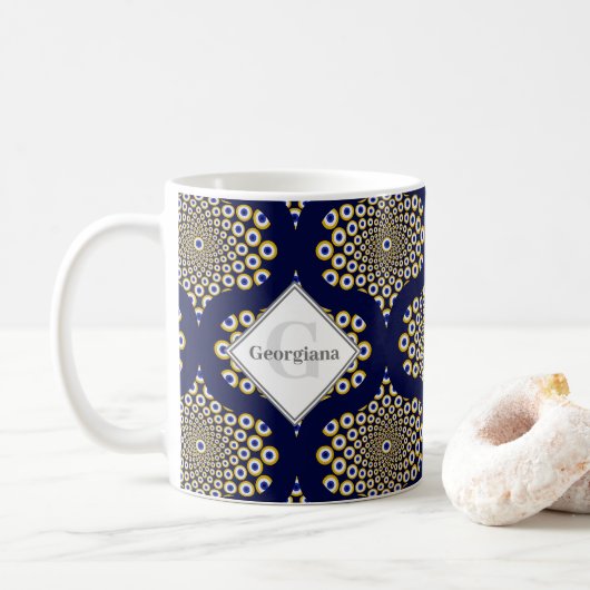 Aangepaste naam We kijken naar u Navy & Gold Retro Koffiemok (Met donut)