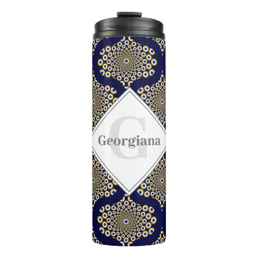 Aangepaste naam We kijken naar u Navy & Gold Retro Thermosbeker (Voorkant)