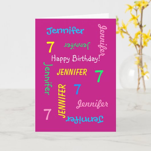Aangepaste naam Wenskaart, 7e verjaardag Roze Kaart (Gele Bloem)
