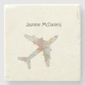 Aangepaste naam wereldkaart vliegtuig stenen onderzetter (Voorkant)