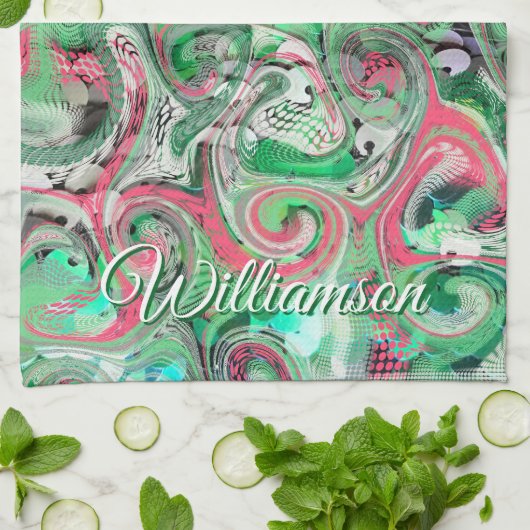 Aangepaste naam Werveling Groen Rood Whimsisch Abs Theedoek (Gevouwen)