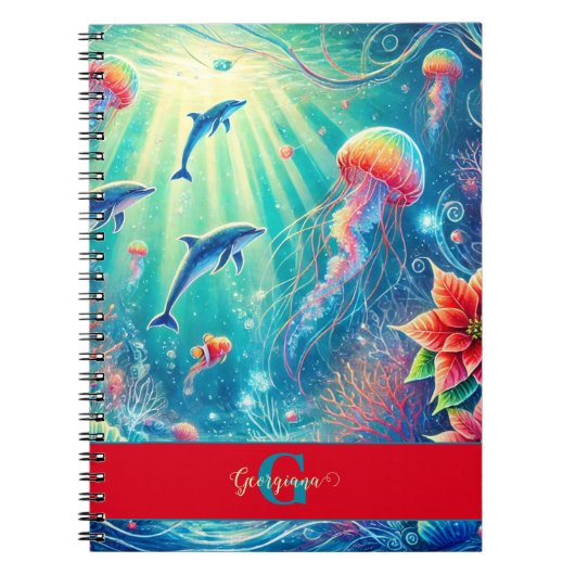Aangepaste naam Whimsical Floral Coral Reef Poinse Notitieboek (Voorkant)