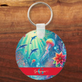 Aangepaste naam Whimsical Floral Coral Reef Poinse Sleutelhanger (Achterkant)