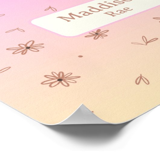 Aangepaste Naam Whimsical Nursery Roze Geel Bloeme Poster (Hoek)
