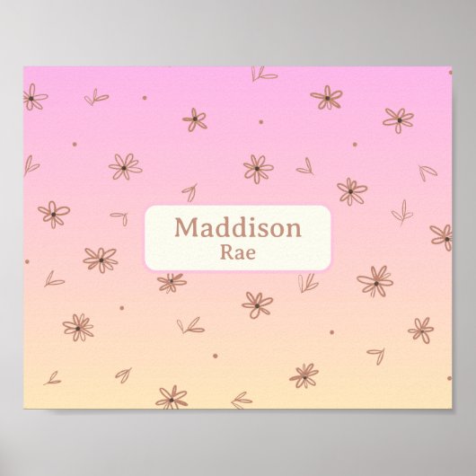 Aangepaste Naam Whimsical Nursery Roze Geel Bloeme Poster (Voorkant)