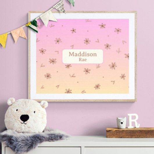 Aangepaste Naam Whimsical Nursery Roze Geel Bloeme Poster