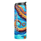 Aangepaste naam Whimsical Octopus Blue Ocean Wave Thermosbeker (Gedraaid links)