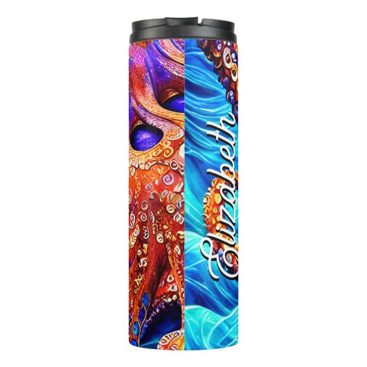 Aangepaste naam Whimsical Octopus Blue Ocean Wave Thermosbeker (Achterkant)