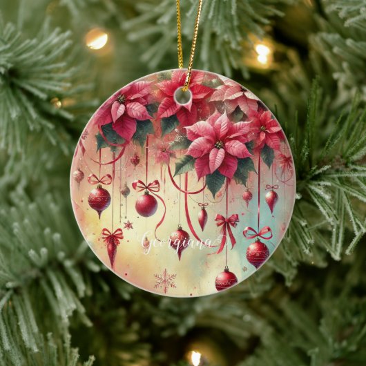 Aangepaste naam Whimsical Poinsettia Christmas Bau Keramisch Ornament (Boom)