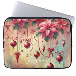 Aangepaste naam Whimsical Poinsettia Christmas Bau Laptop Sleeve