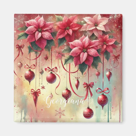 Aangepaste naam Whimsical Poinsettia Christmas Bau Magneet (Voorkant)