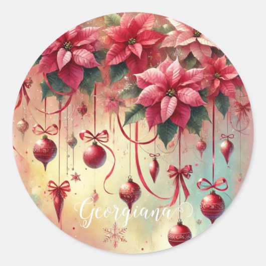 Aangepaste naam Whimsical Poinsettia Christmas Bau Ronde Sticker (Voorkant)
