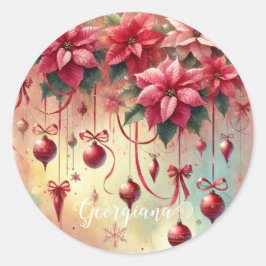Aangepaste naam Whimsical Poinsettia Christmas Bau Ronde Sticker
