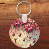 Aangepaste naam Whimsical Poinsettia Christmas Bau Sleutelhanger (Voorkant)