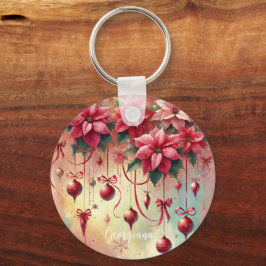 Aangepaste naam Whimsical Poinsettia Christmas Bau Sleutelhanger