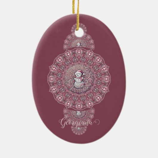 Aangepaste Naam Whimsical Snowman Ornamental Manda Keramisch Ornament (Achterkant)