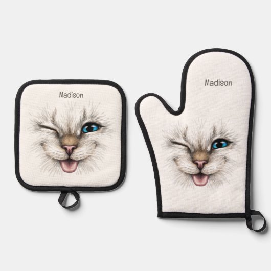 Aangepaste naam Winking Cat Ovenwant & Pannenlap Set (Voorkant)