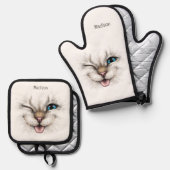 Aangepaste naam Winking Cat Ovenwant & Pannenlap Set (Voorkant / Achterkant)