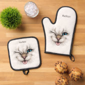 Aangepaste naam Winking Cat Ovenwant & Pannenlap Set (Top down)