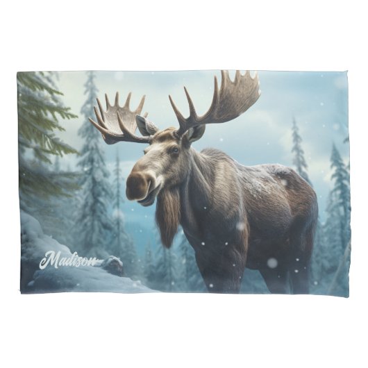 Aangepaste naam Winter Moose Kussensloop (Voorkant)