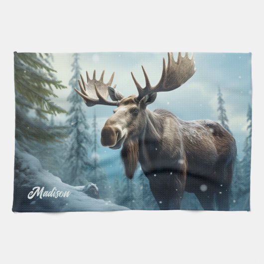 Aangepaste naam Winter Moose Theedoek (Horizontaal)
