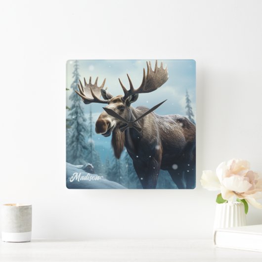 Aangepaste naam Winter Moose Vierkante Klok (Huis)