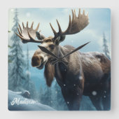 Aangepaste naam Winter Moose Vierkante Klok (Voorkant)
