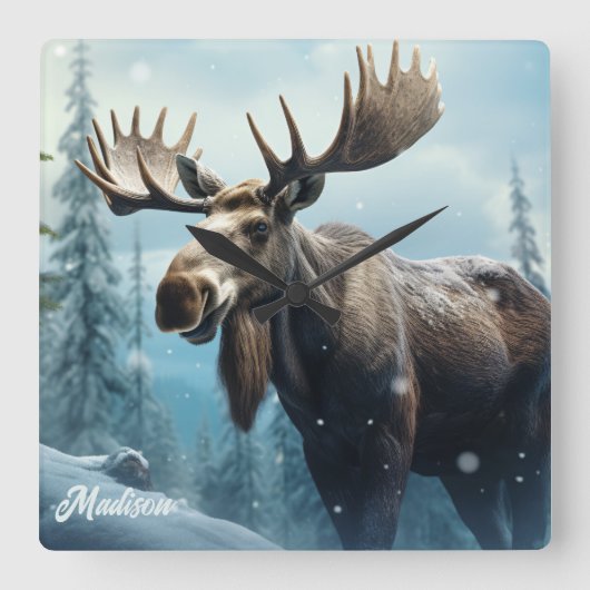 Aangepaste naam Winter Moose Vierkante Klok (Voorkant)
