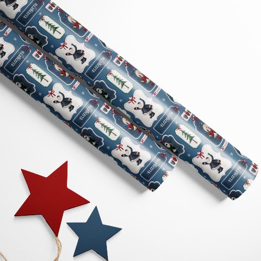 Aangepaste Naam Winter Vrienden Blauw Inpakpapier