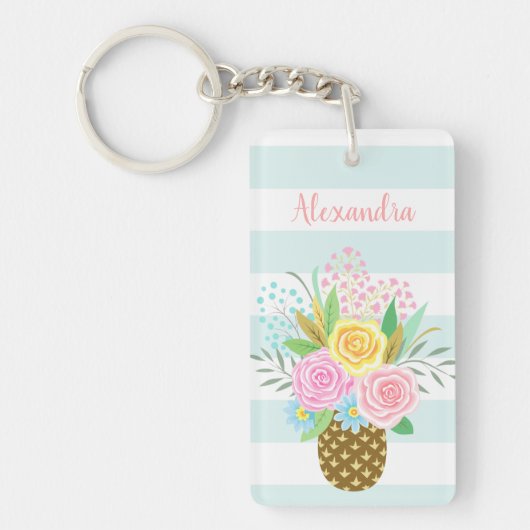 Aangepaste naam Wish Pineapple Rozen Pink Turquois Sleutelhanger (Voorkant)