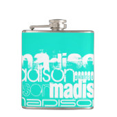 Aangepaste Naam, Wit en Neon Aqua Turquoise Heupfles (Voorkant)