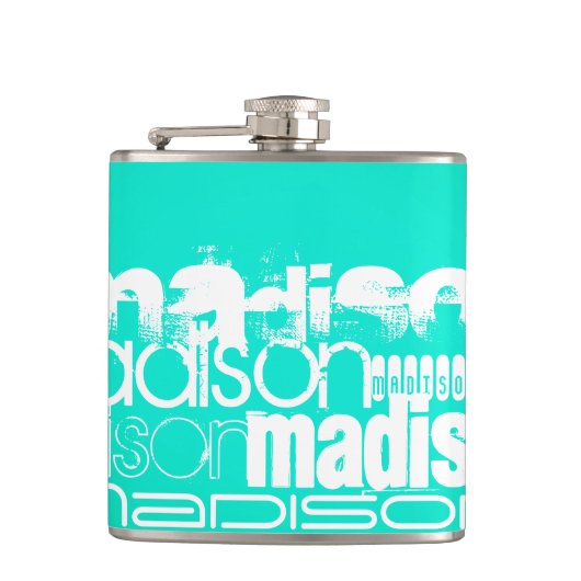 Aangepaste Naam, Wit en Neon Aqua Turquoise Heupfles (Voorkant)